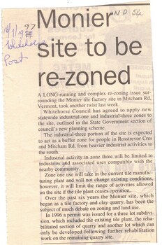 An article on Whitehorse post dated 16/7/1997 on the re-zoning of Monier site in Mitcham road.