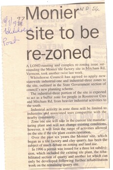 An article on Whitehorse post dated 16/7/1997 on the re-zoning of Monier site in Mitcham road.