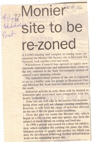An article on Whitehorse post dated 16/7/1997 on the re-zoning of Monier site in Mitcham road.