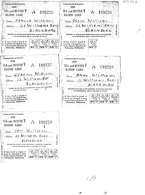 Photocopy of tea and butter ration cards A189255 - A189259 issued in 1949 in the names of members of the Williams family, 23 Williams Road, Blackburn. 