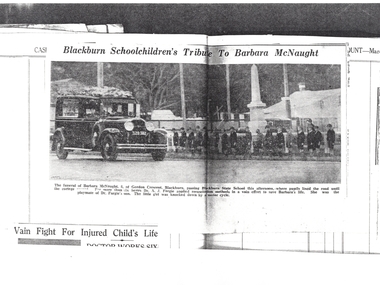 Photocopy of illistrated article describing funeral of Barbara McNaught passing Blacburn State School No.1940, 