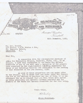 Letter from H.T. Bishop, Shire Secretary, Shire of Blackburn and Mitcham to Mr Geo. Morton requesting valuation of land for s