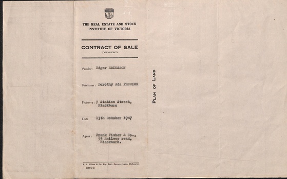 Contract of sale for lots 20 & 21 from Edgar Eriksson, to Dorothy Ada Henwick, dated 13/10/1947 - back page