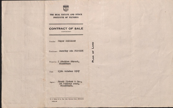 Contract of sale for lots 20 & 21 from Edgar Eriksson, to Dorothy Ada Henwick, dated 13/10/1947 - back page