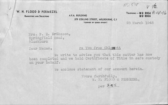 Documents re P.E. Eriksson property purchase
