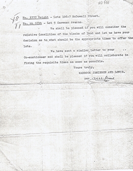 Letter from A. M. Lonie of Maddock, Jameson & Lonie, solicitors to M.L. Grey Esq , Auctioneer,
