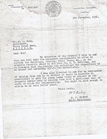 Letter to Mr L. Gray, Auctioneer from H.T. Bishop, Shire Secretary re auction of property of Late R.R. Halliday