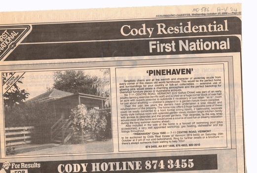 Advertisement for auction of 'Pinehaven' built circa 1940, 7 - 11 Centre Road, Vermont (cnr Gallus Close).