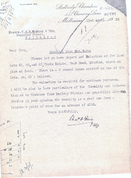 Request from Chas Price to T.R.B. Morton & Son for valuation of Lots 63, 64 & 65 Cooks Estate, Cook Road, Mitcham 