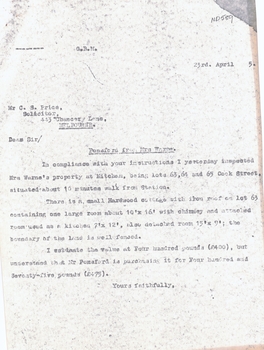 Request from Chas Price to T.R.B. Morton & Son for valuation of Lots 63, 64 & 65 Cooks Estate, Cook Road, Mitcham 