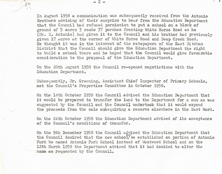 Summary of land acquisition and disposal associated with Antonio Park, 1953 - 1975: 