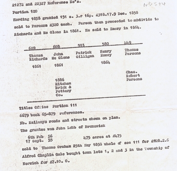 notes of records of land dealings in parts of Crown Portions 120 and 111, 1858 - 1886.