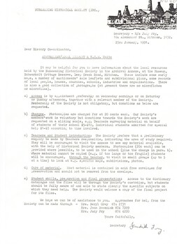 Letter dated 23/1/1991 from Nunawading Historical Society to local schools informing them of Local History Collection held by the Society.