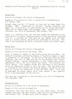 A brief outline of transfers of ownership of parklands -Walker Park, Morton Park, Nunawading Park, Vermont Park.