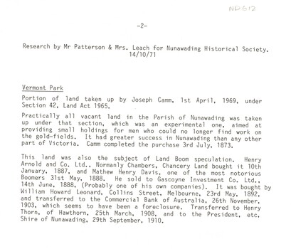 A brief outline of transfers of ownership of parklands -Walker Park, Morton Park, Nunawading Park, Vermont Park.