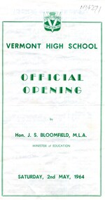 Document, Vermont High School Official Opening, 1964