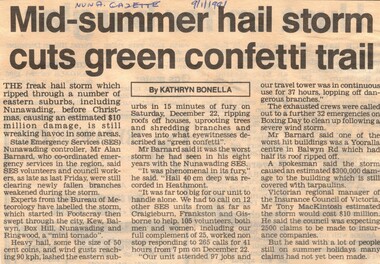 Article, Mis-summer hail storm cuts green confetti trail, 9/01/1991 12:00:00 AM