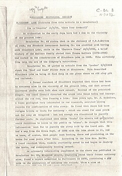 Typescript article containing information from Nunawading Historical Society newsletters on antimony mining at Blackburn Lake,
