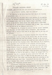 Typescript article containing information from Nunawading Historical Society newsletters on antimony mining at Blackburn Lake,