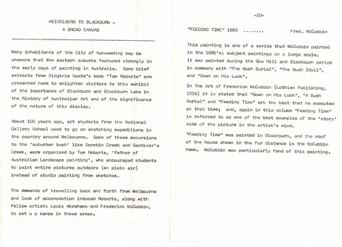 Pamphlet issued by the City of Nunawading and Blackburn Lake Committee of Management entitled 'Heidelberg to Blackburn: a broad canvas'  