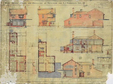 Plans and elevations for the Post office, shops and dwelling at Mitcham, 1923
