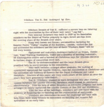 Information on Mitcham branch of Toc H suffering the loss by fire of their 'log hut' on the Board of Works property in Agra Street.  