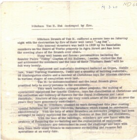 Information on Mitcham branch of Toc H suffering the loss by fire of their 'log hut' on the Board of Works property in Agra Street.  