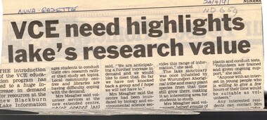 Article, VCE need highlights lake's research value, 24/11/1991 12:00:00 AM