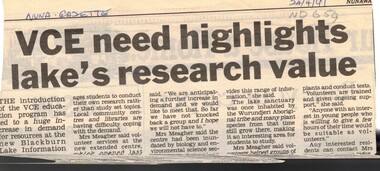 Article, VCE need highlights lake's research value, 24/11/1991 12:00:00 AM