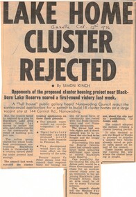 Gazette' 13 October 1976 reporting Nunawading Council rejection of an application for permit to build 18 cluster homes at 144 Central Road, Nunawading.