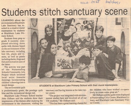 The article describes a quilt made by the Blackburn Lake Primary School students