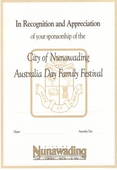 Blank Certificate issued by Nunawading City Council 'In Recognition and Appreciation of Your Sponsorship of the City of Nunawading Australia Day Festival'. 