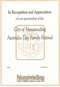 Blank Certificate issued by Nunawading City Council 'In Recognition and Appreciation of Your Sponsorship of the City of Nunawading Australia Day Festival'. 