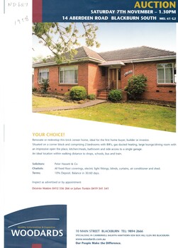 Brick veneer home at 14 Aberdeen Road, Blackburn South for auction on 7 November 1998.