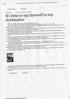 A newspaper obituary of the life of Keith la Galle, 