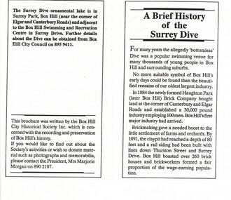 Copy of a brochure issued by the Box Hill City Historical Society Inc. 