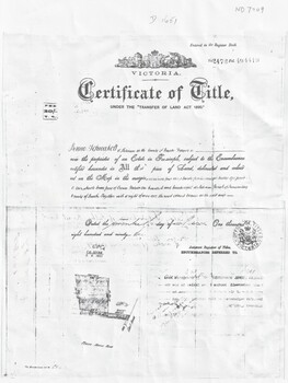 Certificate of Title issued to Carl Benno Schwerkolt for land in Edgerton Road, Mitcham dated 20 Mar 1893 