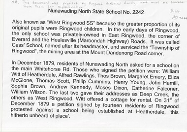 History of Nunawading North State School No. 2242 sheet 1