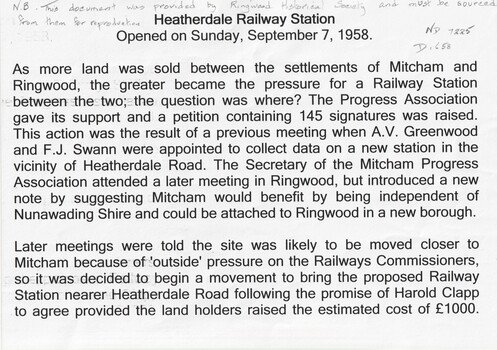 History of Heatherdale Railway Station
