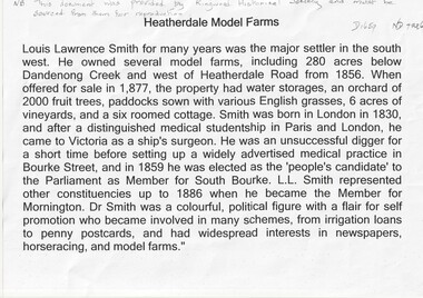 Document, Heatherdale Model Farms, Birth - 1830