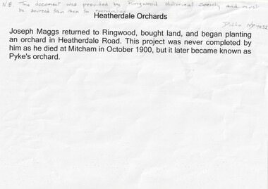 Document, Heatherdale Orchards, 1900