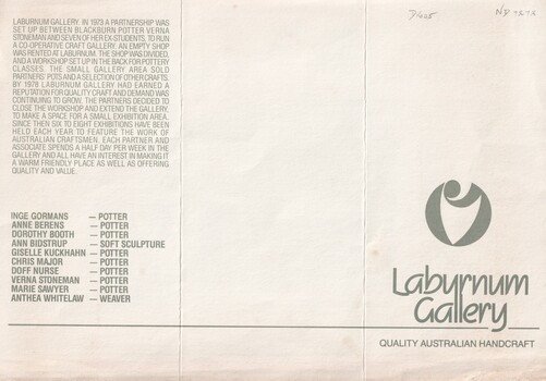 A 1987 pamphlet of scheduled exhibitions at the Laburnum Gallery - front page
