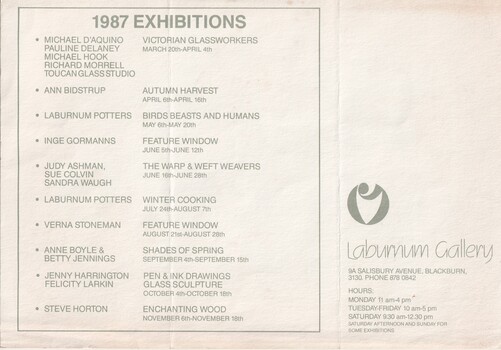 A 1987 pamphlet of scheduled exhibitions at the Laburnum Gallery - back page.