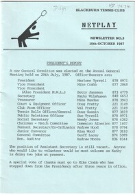 Pamphlet, Blackburn Tennis Club, 1987