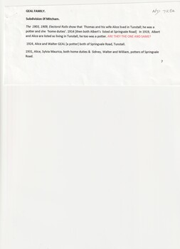 Genealogy of the Geal family and their employment as potters 