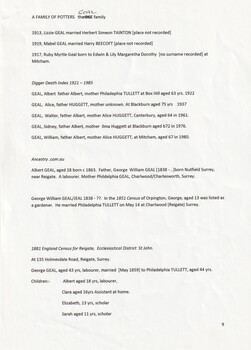 Genealogy of the Geal family and their employment as potters 
