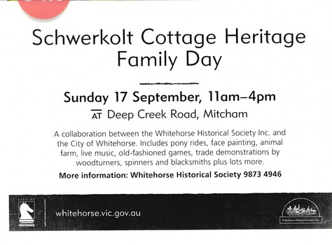 A poster advertising Schwerkolt Cottage Heritage Family Day.