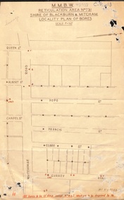 M.M.B.W. reticulation plan no. 731, Shire of Blackburn and Mitcham.  Locality plan of bores [1933].  