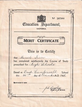 Merit Certificate No. 297980 issued to Muriel Trim, 23 Nov 1936.