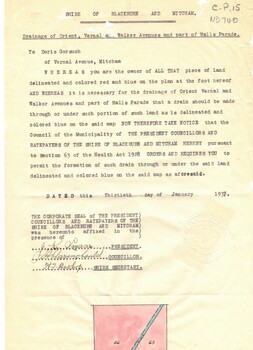 Notice from Shire of Blackburn and Mitcham to Doris Gorsuch, Vernal Avenue, Mitcham requiring access for forming a drain, 30 January 1937.
